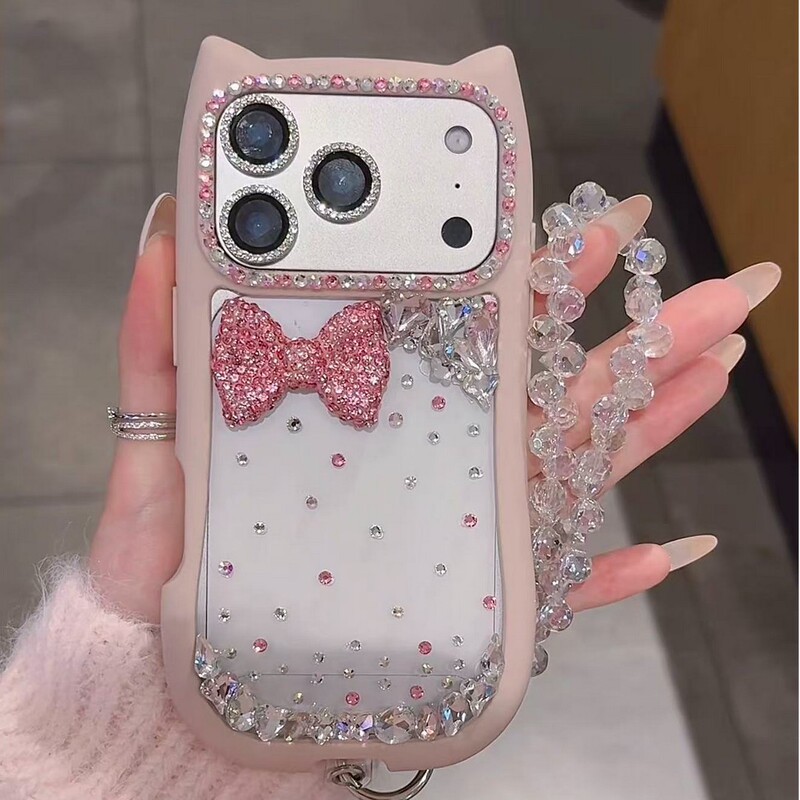 Ins Pink Cat Ears Colorful Rhinestones Suitable for Apple 17Promax Phone Case Iphone16Pro Cute 15/14Plus Pink Full Rhinestone Bow 13/12 Transparent Anti-Slip Anti-Fall 11