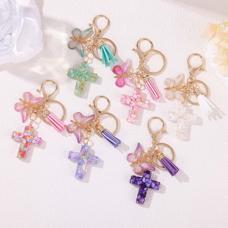 Resin Cross Keychain Butterfly Tassel Stone Cross Pendant Creative Gift Men and Women Bag Decoration