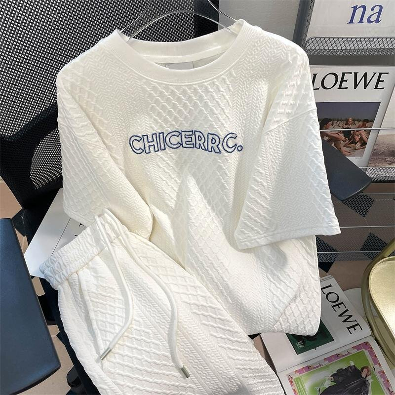 Plus Size Women's Clothing 2025 Summer Waffle Suit Women's Casual Sportswear Running Stylish Shorts Two-Piece Set