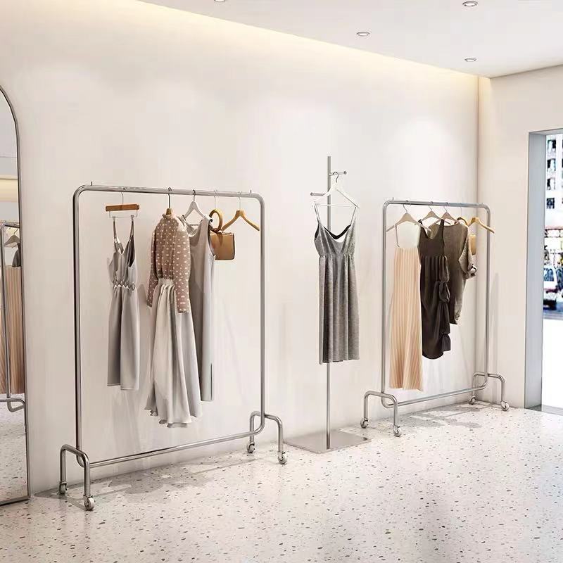 Clothing Shop Hanging Clothes Pole Floor Style Stainless Steel Wire Drawing Silver Men's And Women's Clothing Store Middle Island Show Shelf With Wheels Display Shelving-Taobao