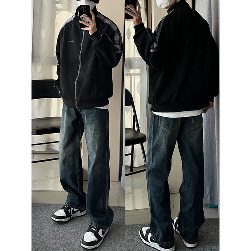 Синие флисовые демисезонные джинсы с начесом, штаны, в американском стиле, премиум класс, свободный прямой крой