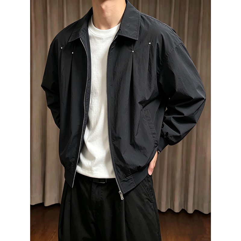 Black American-Style Flight Jacket for Men, Autumn Season, with Rivet and Pleated Design, Baseball-Style Cleanfit Short Jacket