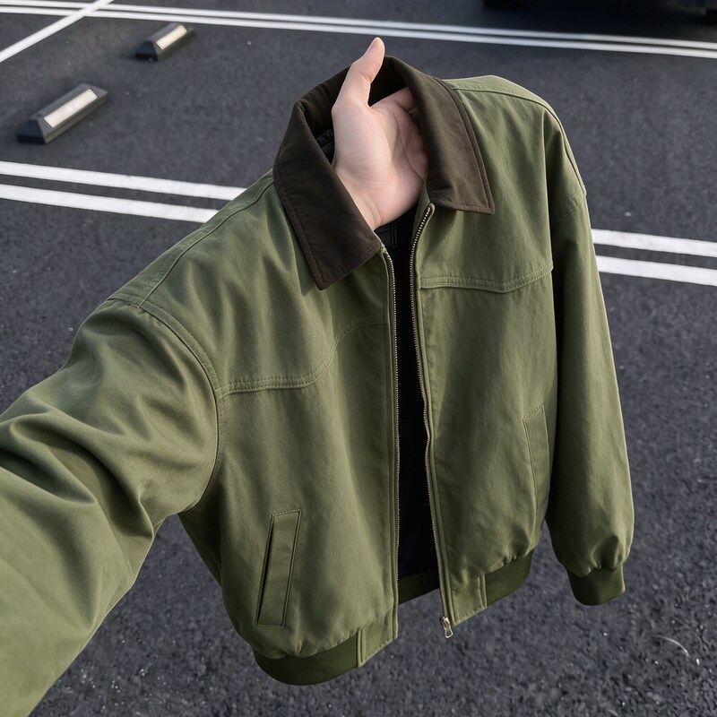 Barn Style Green Detroit Workwear Jacket for Men, Autumn Canvas Washed Lapel Top, Short Harrington Jacket