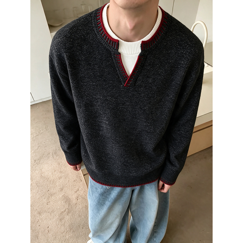 Fake Two-Piece Hand-Stitched V-Neck Sweater for Men, Autumn Style, Relaxed and Lazy Vibe, Old Money Style, Inner Layer Knitwear