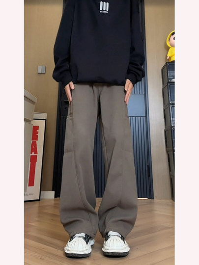 美拉德咖色加绒牛仔裤男款秋冬美式复古水洗工装裤子痞帅直筒长裤