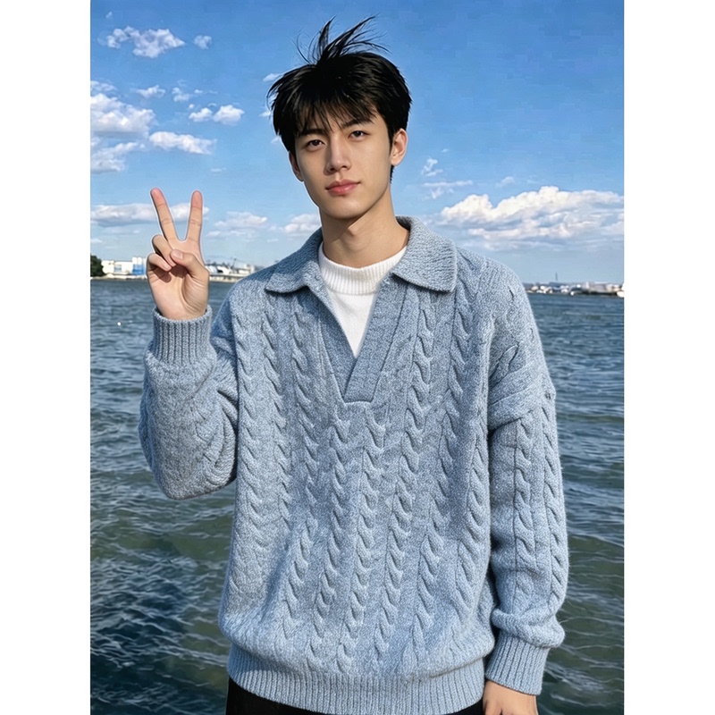 Light Blue Cable-Knit Polo Collar Sweater for Men, Autumn Heavy-Duty Base Layer, Stylish and Sophisticated Knitwear Light Blue Cable-Knit Polo Collar Sweater for Men, Autumn Heavy-Duty Base Layer, Stylish and Sophisticated Knitwear