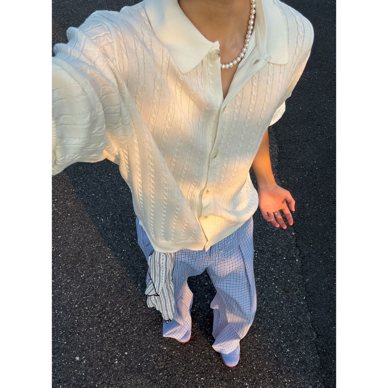 White Button-Up Cardigan Sweater for Men, Autumn Style, Chanel-Inspired Lapel Knitwear, Relaxed and Laid-Back, Old Money Style Jacket