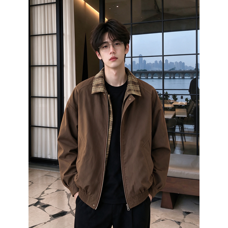 Maillard Brown Faux Two-Piece Jacket for Men, Autumn Plaid Patchwork Short Baseball Jacket, Cleanfit Flight Jacket