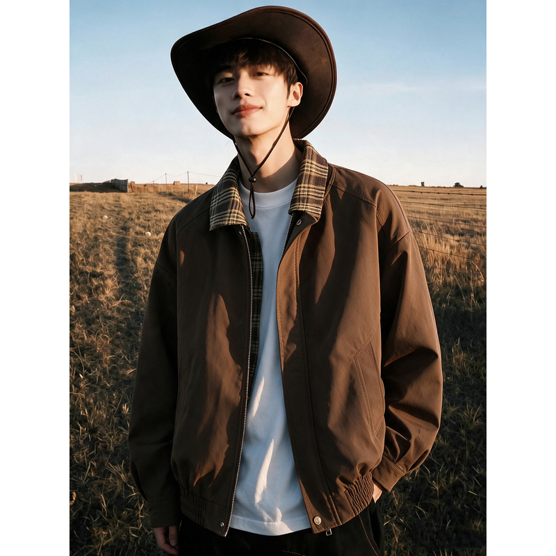 Maillard Brown Faux Two-Piece Jacket for Men, Autumn and Spring Design, Shirt Collar Top, Oversized Short Flight Jacket