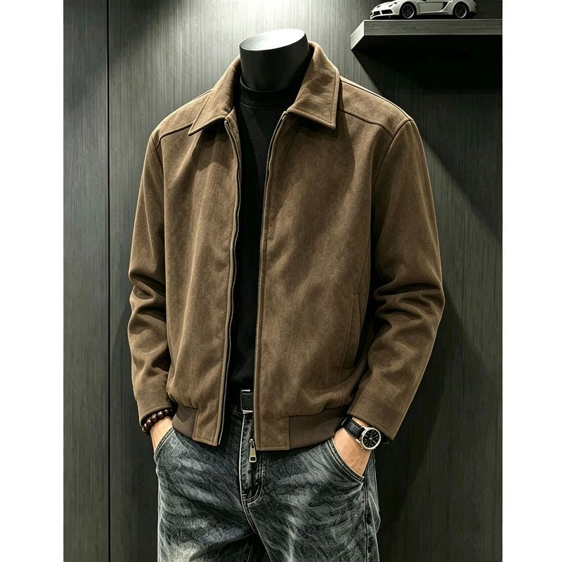 Coffee-Colored Lapel Pu Leather Jacket for Men, Autumn American Retro Short Style, Regular Shoulder Fit, Boxy High-End Baseball Jacket