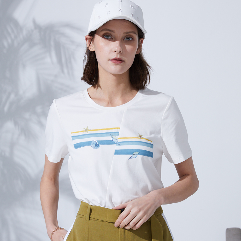 Mười hai thúng nhãn xanh 20 mùa hè mới gió hải lý sọc băng thời trang cotton ngắn tay phụ nữ T-shirt