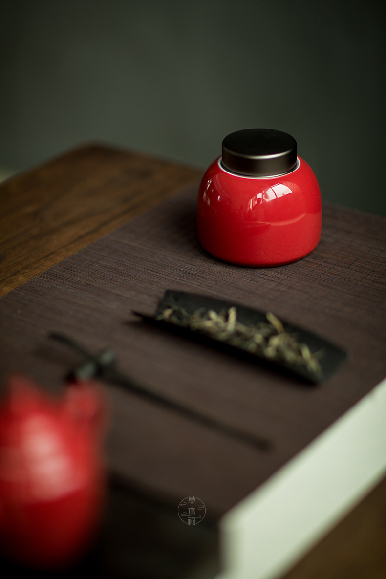 Vegetation school ji red glaze ceramic tea pot seal storage tank kung fu tea set and POTS of tea warehouse tin tea boxes