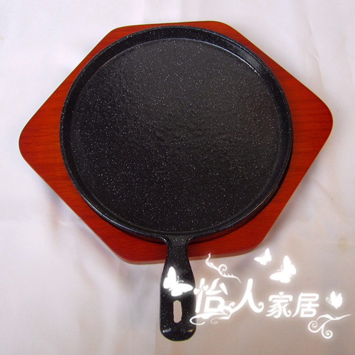 Korean western food enamel cast iron steak plate thickened iron plate barbecue plate fried meat omelette pot barbecue plate with wooden base