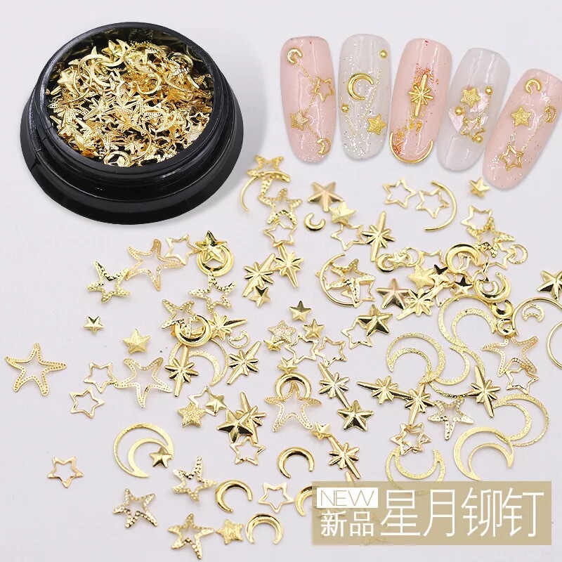 New Nail Art Star and Moon Accessories Mixed Set, Japanese Trendy Hollow Star and Moon Rivet Nail Rhinestone Decorations