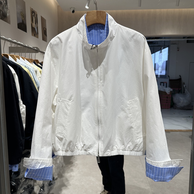 2026 Spring Fashion Two-In-One Patchwork Stand Collar Short Jacket for Women, Blue and White Striped Shirt Collar Cuff Jacket with Zipper