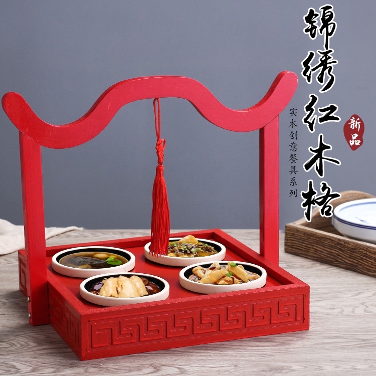 Hotel features creative tableware red wood four grid handcuff dining room Italian cuisine restaurant pavilion bamboo and wood tableware