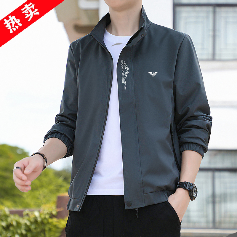 Men's Casual Spring Jacket with Stand Collar, Thin Fleece-Lined Top, Trendy Brand, Large Size Workwear Jacket