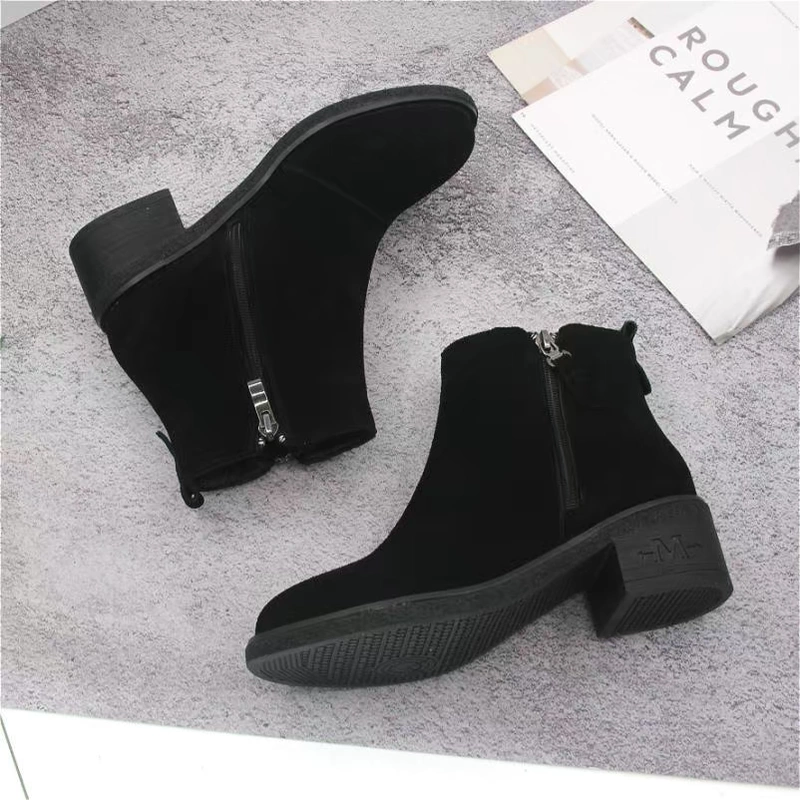 Bingjie giày nữ 2019 mùa đông mới bằng da Martin 11-1973 tất cả các kết hợp giày cao gót đế dày ngắn cộng với giày nữ nhung - Giày ống