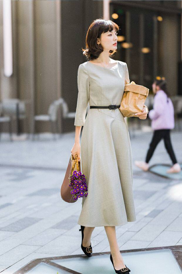 Đầm dài tay cổ tròn dáng chữ A tay bảy tấc phong cách thanh lịch — Màu xanh đậm, Màu xám nhạt chi tiết 6