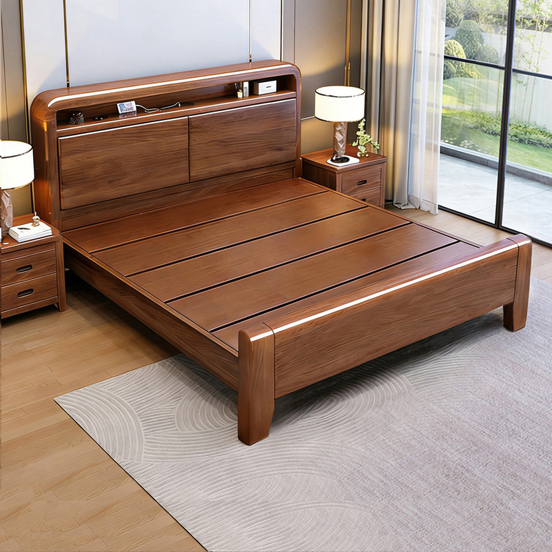 Walnut Solid Wood Bed, New Chinese Style for Home Use, 1.8m Double Beds, Modern Minimalist Bedroom, Thickened Storage Bed, Single Bed