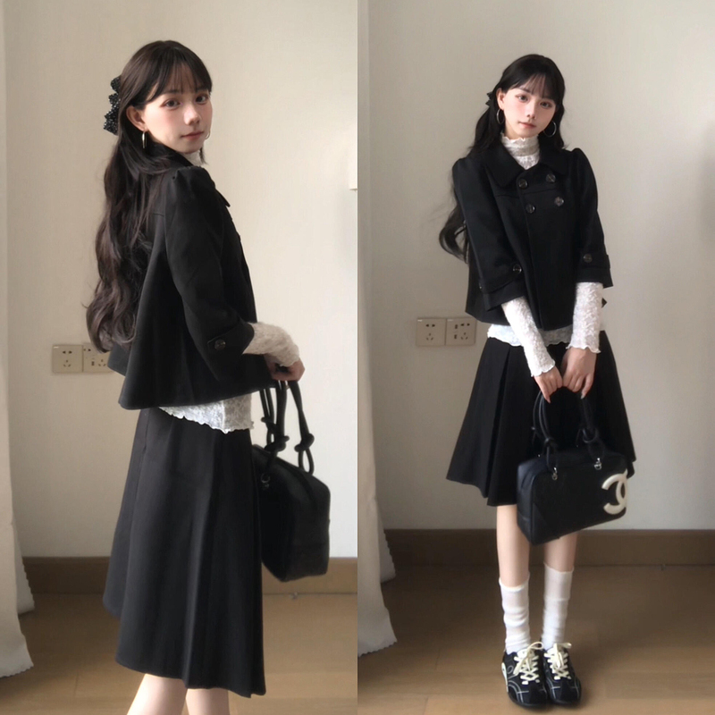 Korean-Style Preppy Black Woolen Coat and Skirt Set for Women, Perfect for Layering in Autumn and Winter, Creating a Sophisticated Look