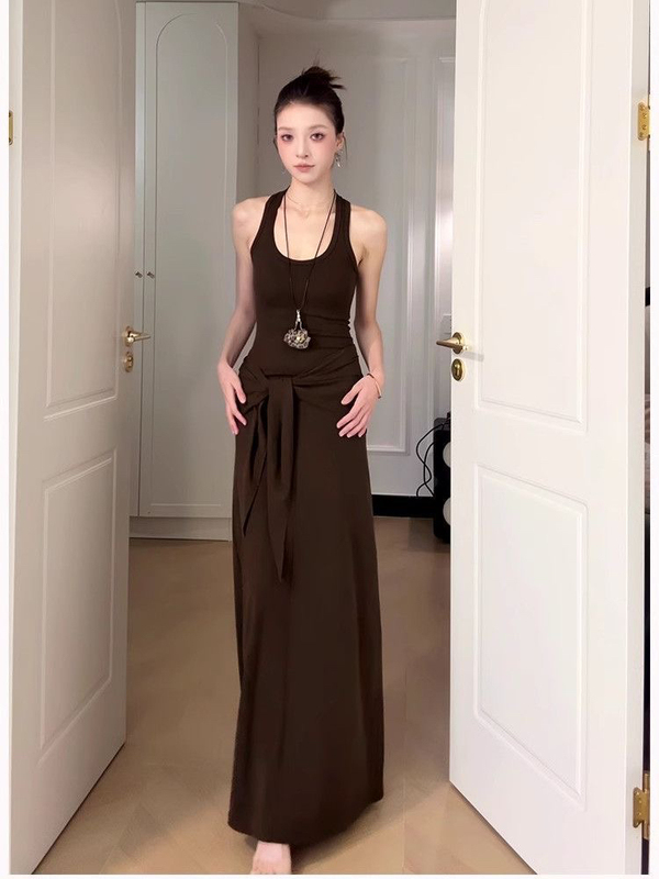 Brown with Triangle Scarf U-Neck Sleeveless Racer Vest Dress for Women Summer Slimming Look Elegant Waist-Covering Hip Long Skirt