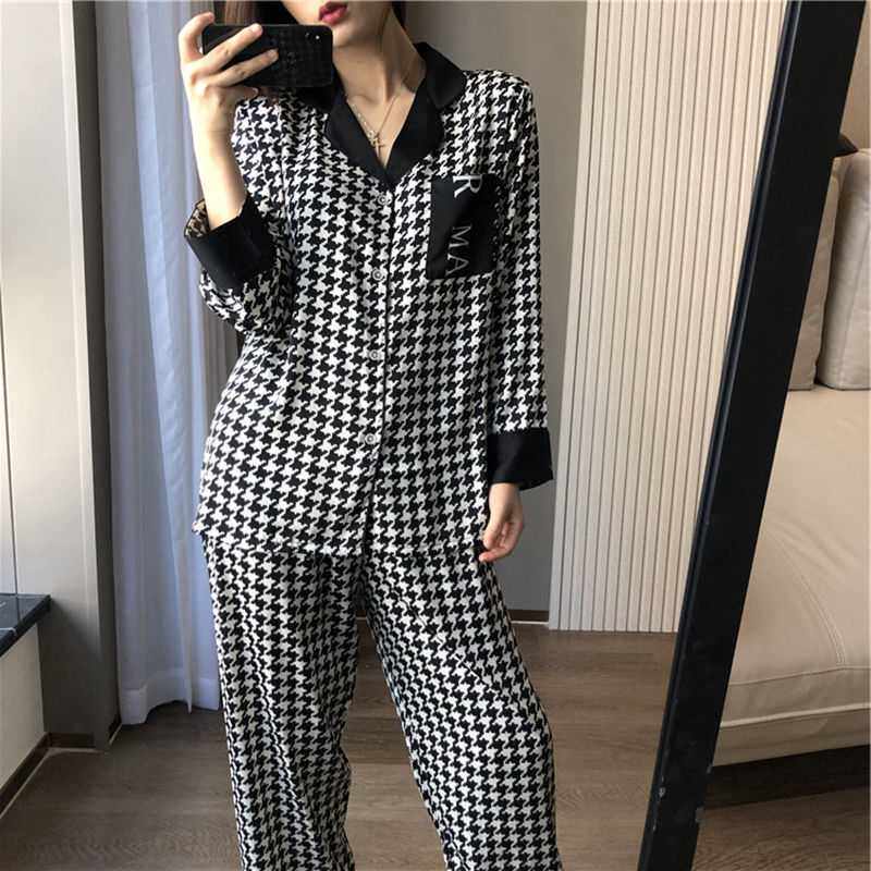 Spring and autumn Korean pajamas women net red houndstooth long-sleeved thin section students ins style can wear home clothes suit