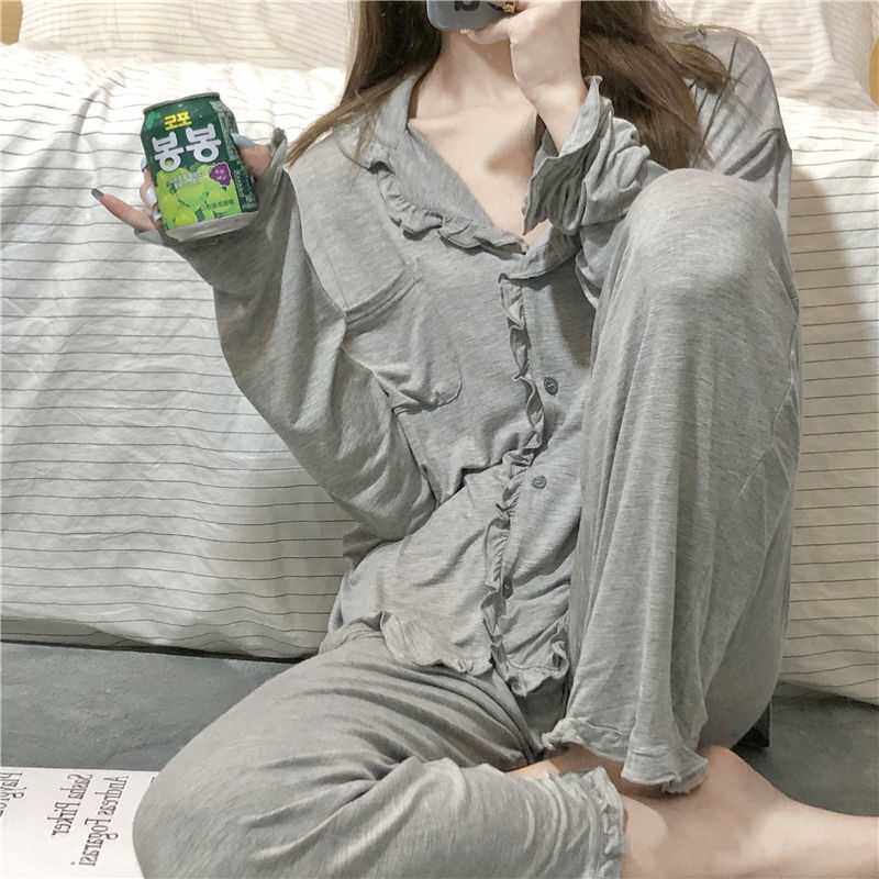 Autumn new loose casual pajamas women's simple sweet net red long-sleeved cardigan girls home clothes two-piece suit