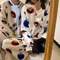 Net red coral fleece pajamas autumn and winter models 2021 new warm couple pajamas Sesame Street home service two-piece set