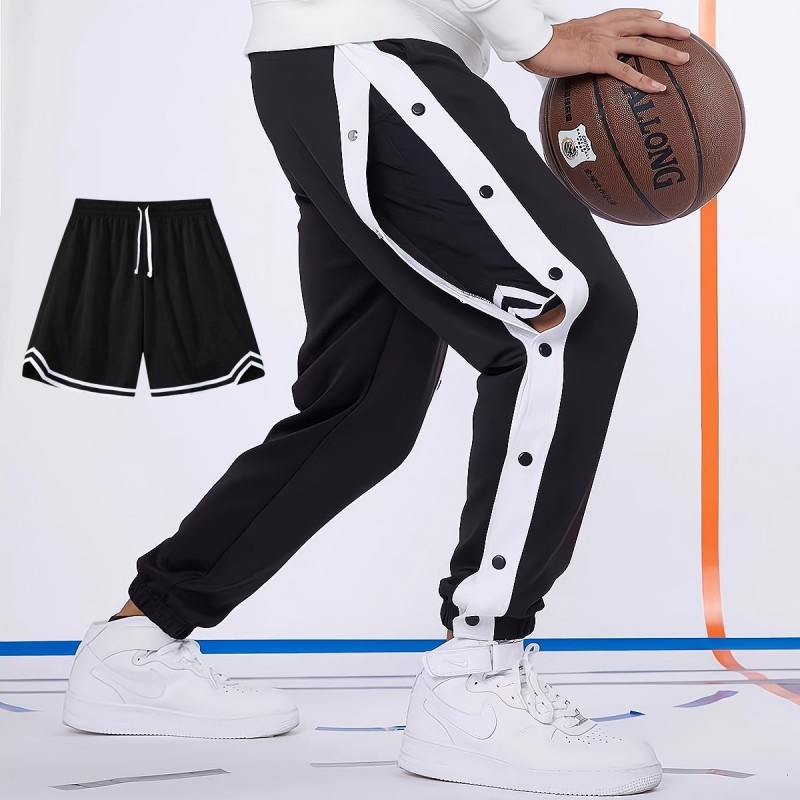 American-Style Basketball Snap-Button Pants for Men, Summer Full-Button Quick-Release Jogger Pants, Children's Sports Long Pants, Training Wear, Gray and Black