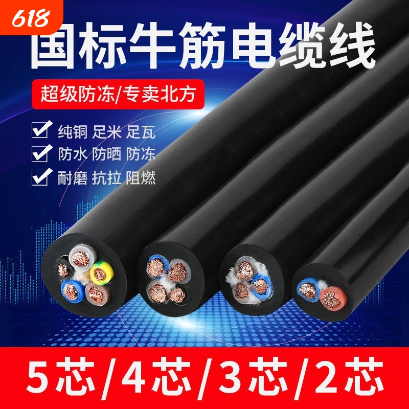 National Standard Pure Copper Outdoor Waterproof Sheathed Power Cable 2-Core 3-Core 1.5 2.5 4 6 Square Meters Three-Phase Rvv Cable