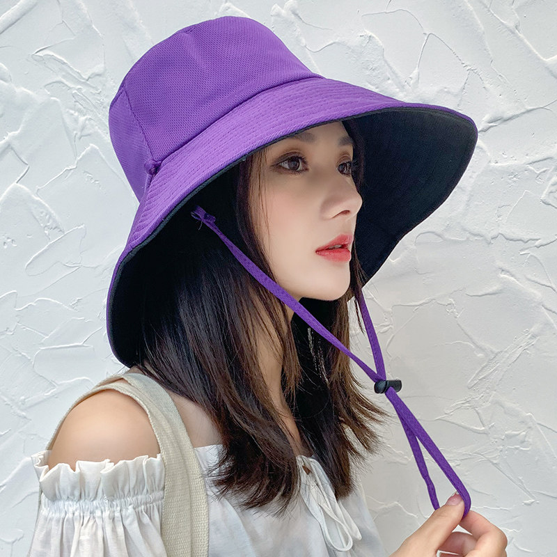 Purple + Black (Reversible)summer Fisherman hat female veil Korean version Sunscreen ultraviolet rays sunshade Hat Big edge tide Versatile solar system ma'am fashion