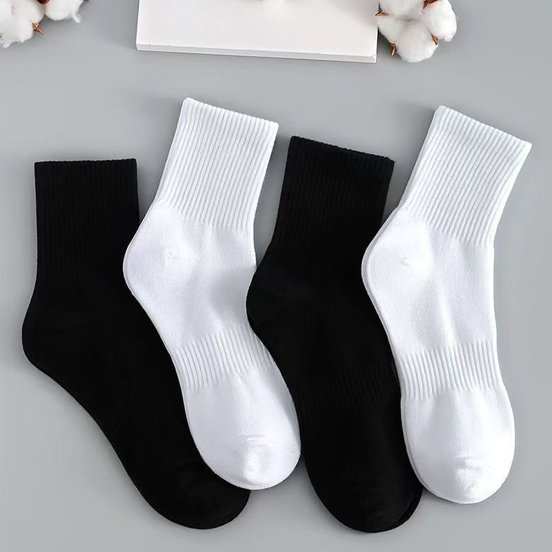 Women's Mid-Calf Socks, Cotton, Breathable, Towel Bottom, Sports, Anti-Odor, Sweat-Absorbent, Black and White Solid Color, Spring and Autumn Style, Men's Manufacturer