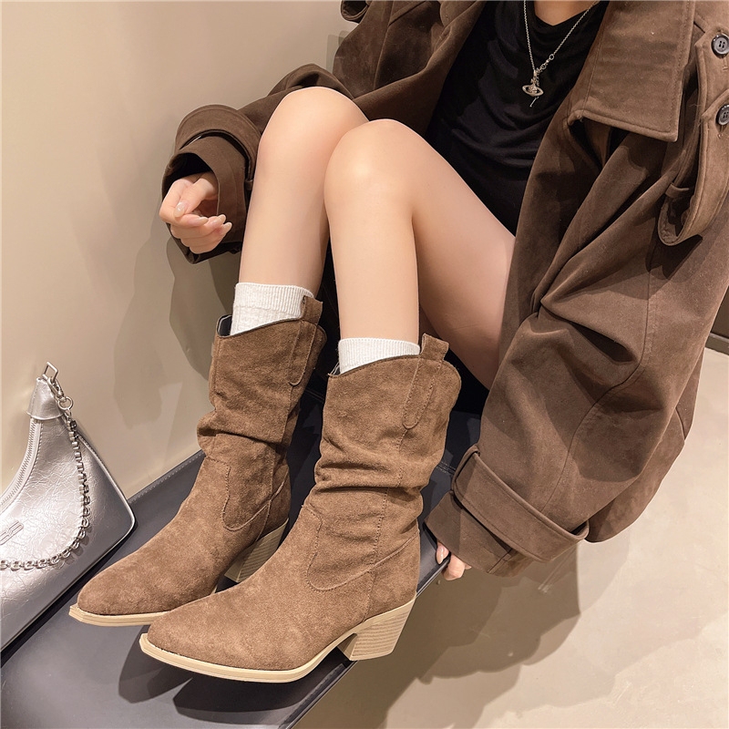 Women's Mid-Calf Riding Boots, New Style Martin Shoes, Women's Pointed Toe Chunky Heel High-Heeled Short Boots, Slimming Slouch Boots