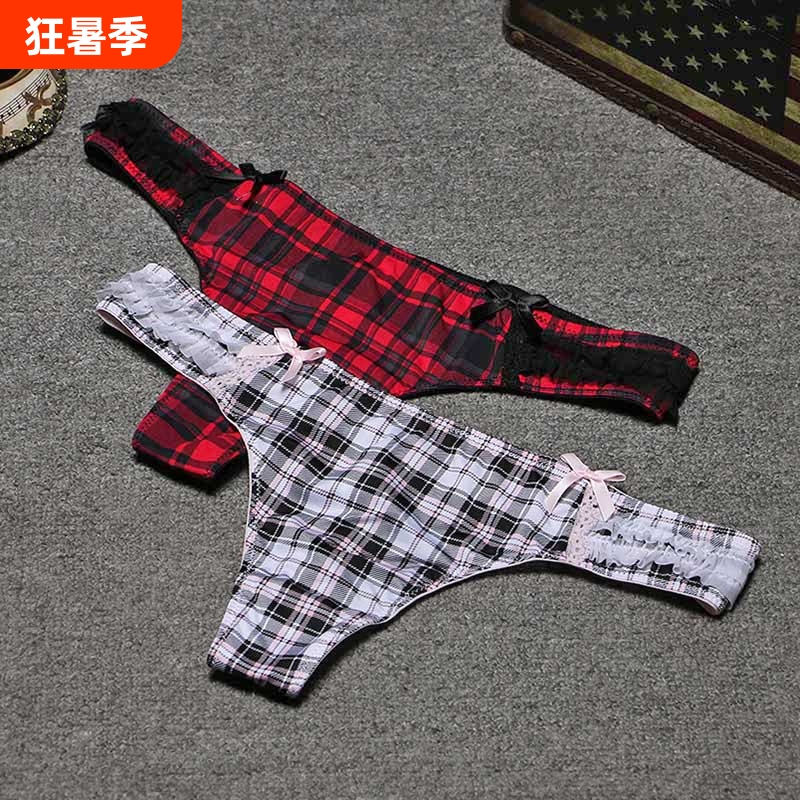 British Style Plaid Thong for Women, Pure Desire Style with Bow Lace Straps, Sexy Seamless T-Back Panties