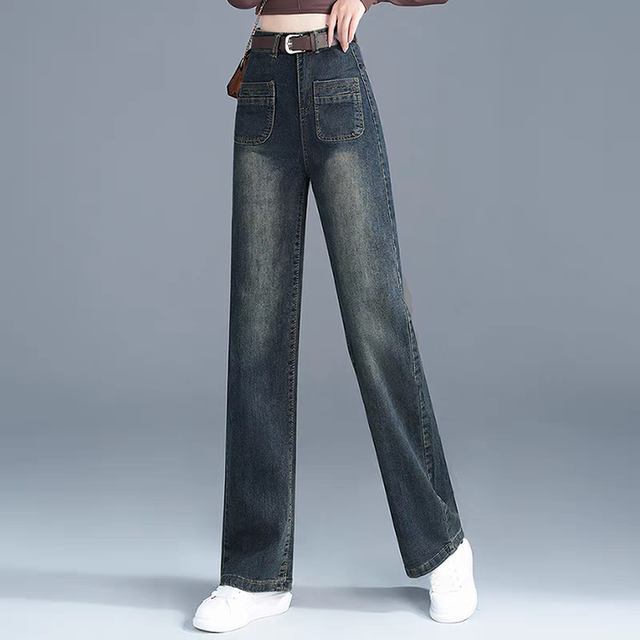 Cement gray jeans straight for women 2024 ພາກຮຽນ spring ແລະດູໃບໄມ້ລົ່ນສະບັບແຄບໃຫມ່ ແອວສູງວ່າງ slimming wide leg pants ຄົນອັບເດດ: ຂາຫນາ
