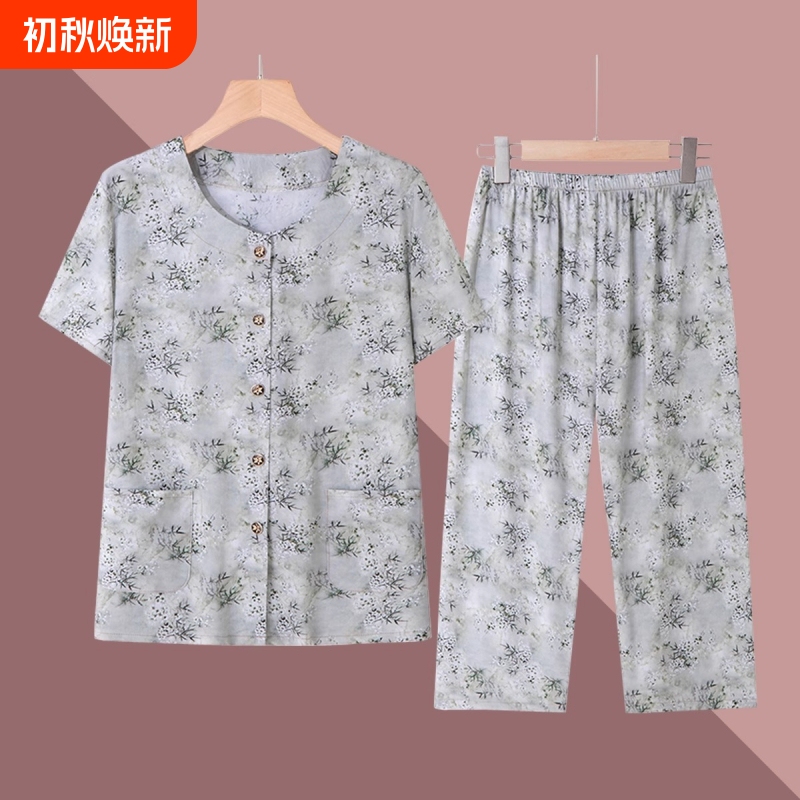 Old Lady's Summer Loose-Fitting Short-Sleeved Suit, Grandma's Home Wear Two-Piece Set, Cardigan for the Elderly, Women's Pajamas