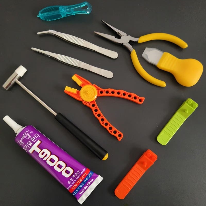 Small Particle Building Block Assembly Auxiliary Tool Set, Pin Remover, Pliers, Parts Hammer, Clamp, Tweezers, Bonding Glue