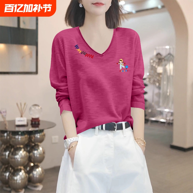 Snowflake Cotton Loose Slimming Sexy Long-Sleeve Top for Women 2026 Spring and Autumn New V-Neck T-Shirt Trendy White Black Red