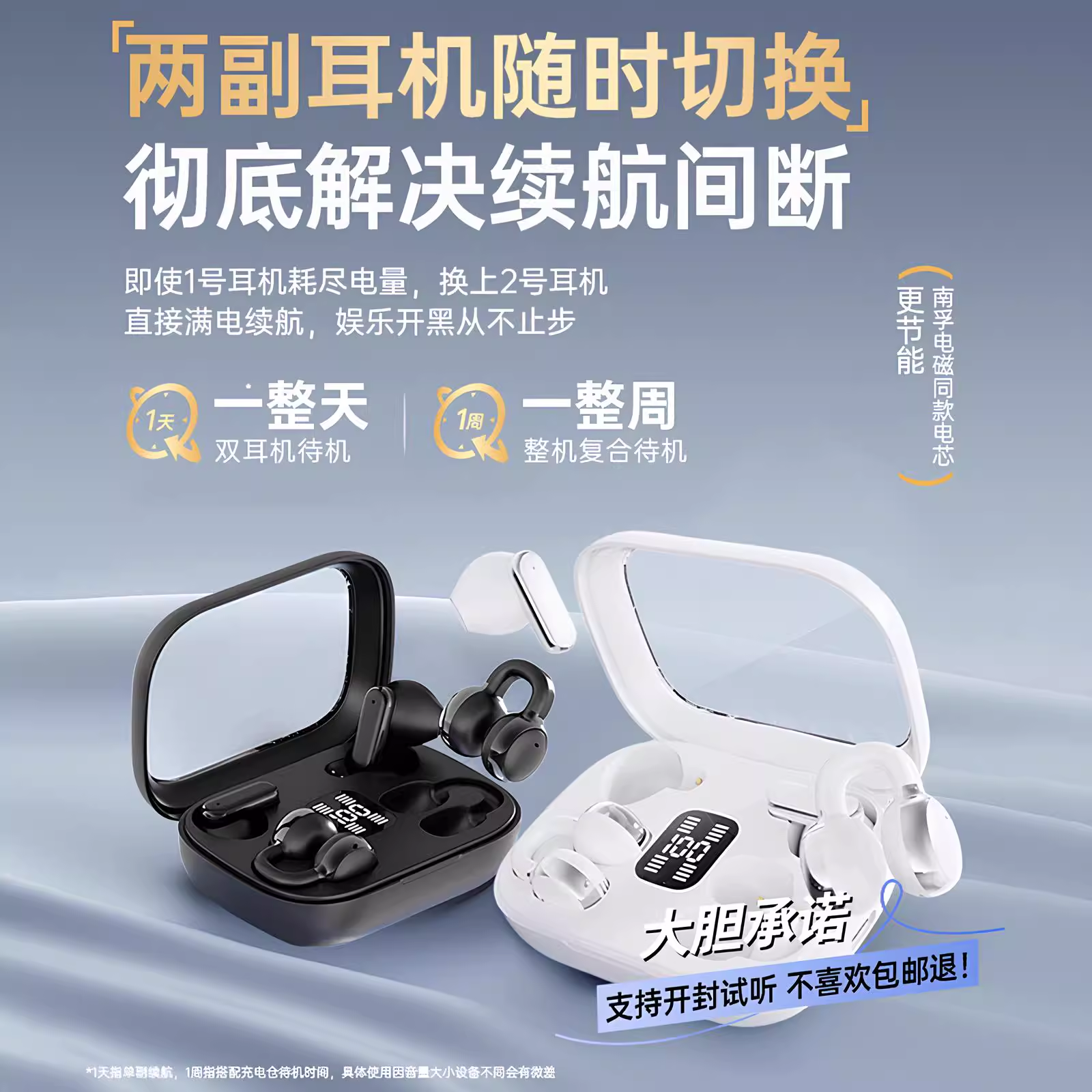 Wireless headphones, extra-long ear clips, bluetooth, 2 in 1