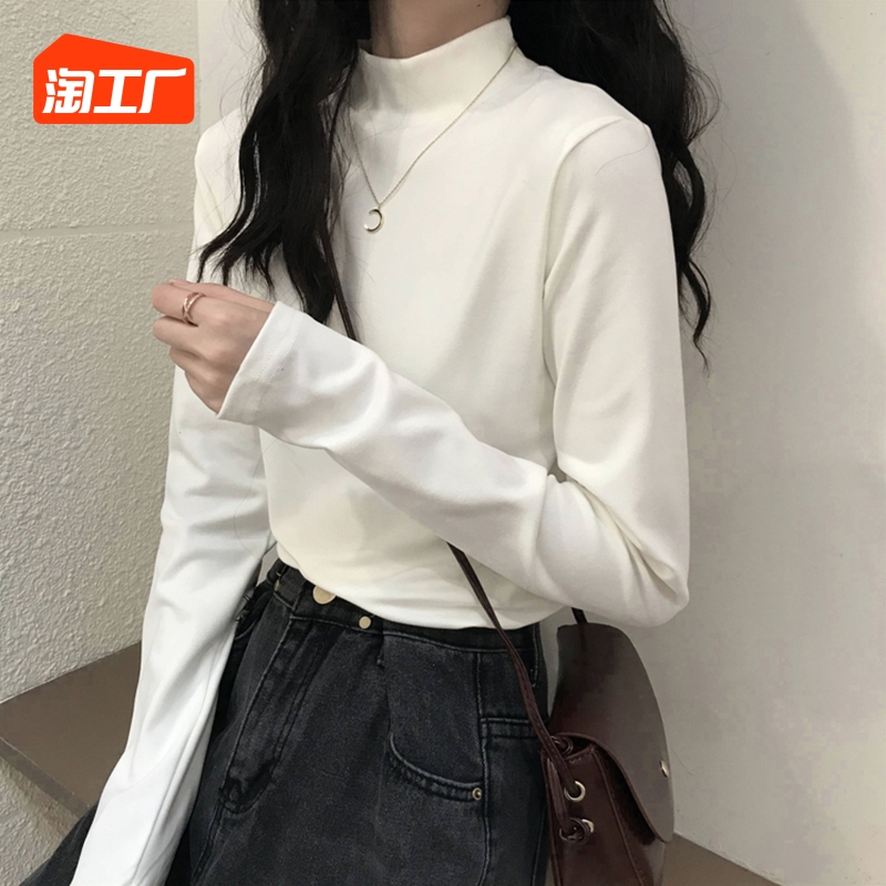 White half-high collar Develed undershirt woman 2023 autumn winter new pure color inner lap minimalist with long sleeve blouses woman-Taobao