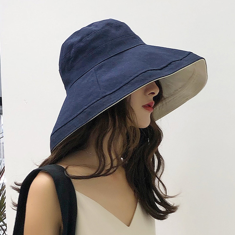 Cotton And Linen Double Side Navy (12Cm)summer Fisherman hat female veil Korean version Sunscreen ultraviolet rays sunshade Hat Big edge tide Versatile solar system ma'am fashion