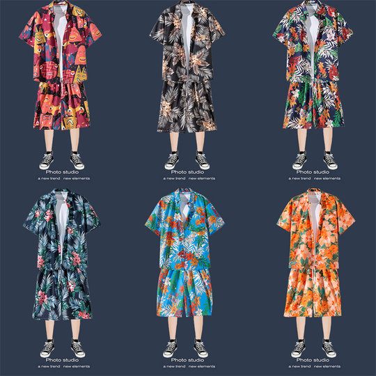 Summer beach suit men's short-sleeved floral shirt casual Hawaiian couple seaside shorts vacation two-piece set for boys