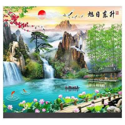 山水墙纸自粘风景装饰画背景墙客厅装饰壁画粘画卧室玄关墙面美学