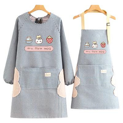 2024新款棉麻长袖围裙家用厨房透气罩衣女耐磨防污做饭工作服大人