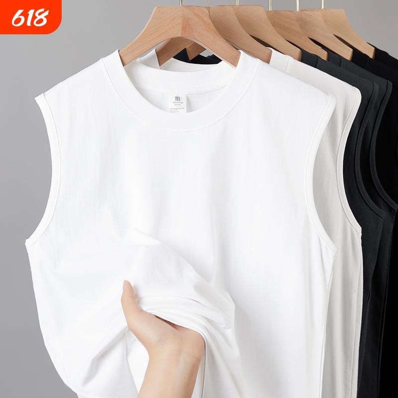 100% Xinjiang Cotton! Sleeveless Vest 230g Heavyweight White Pure Cotton Tank Top for Women, Versatile Fitness T-Shirt for Men, Ribbed