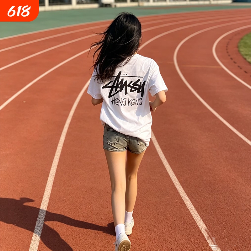 Trendy Brand Stussy Stu Short-Sleeve T-Shirt Summer Heavyweight Pure Cotton 260g Screen-Printed T-Shirt White Mercury