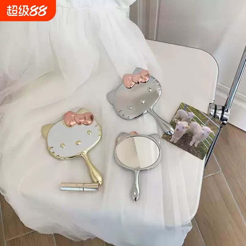 かわいい子猫のミニミラー、女の子向けのハンドヘルドミラー、持ち運び可能なメイクアップミラー、学生や寮生向けの折りたたみ式ハンドルミラー