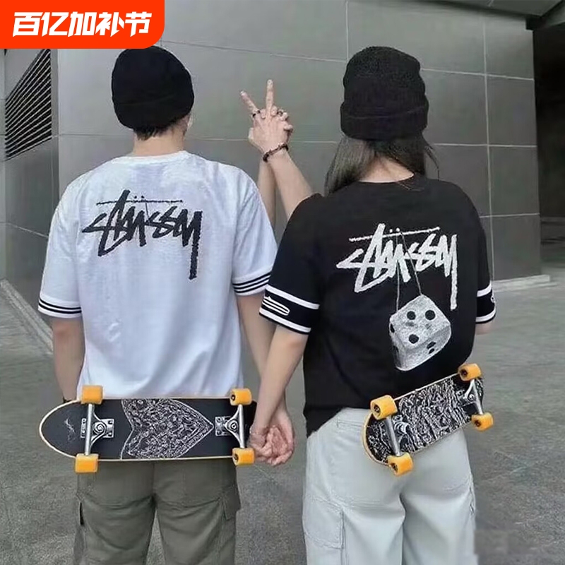 Trendy Sports Brand Stu Short-Sleeve T-Shirt, Loose Fit, Heavy-Duty Pure Cotton 260g, Stussy Top, Unisex, Black, Casual