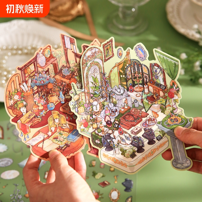 Cute Cartoon Miniature Scene 3D Stickers with Gold Accents, Ins-Style DIY Stress-Relief Educational Journal Decoration Material Stickers